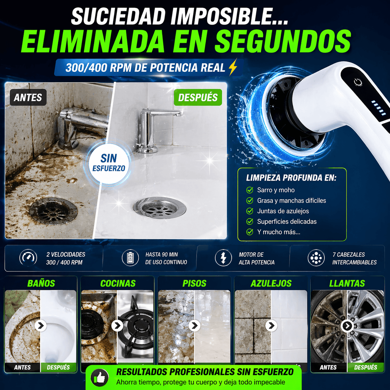 Cepillo de Limpieza Eléctrico Inalámbrico 7 en 1 – Potencia y Versatilidad para el Hogar