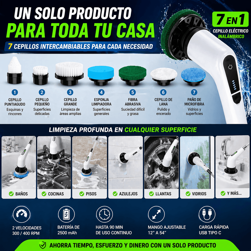 Cepillo de Limpieza Eléctrico Inalámbrico 7 en 1 – Potencia y Versatilidad para el Hogar