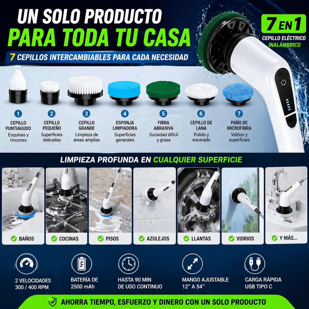 Cepillo de Limpieza Eléctrico Inalámbrico 7 en 1 – Potencia y Versatilidad para el Hogar