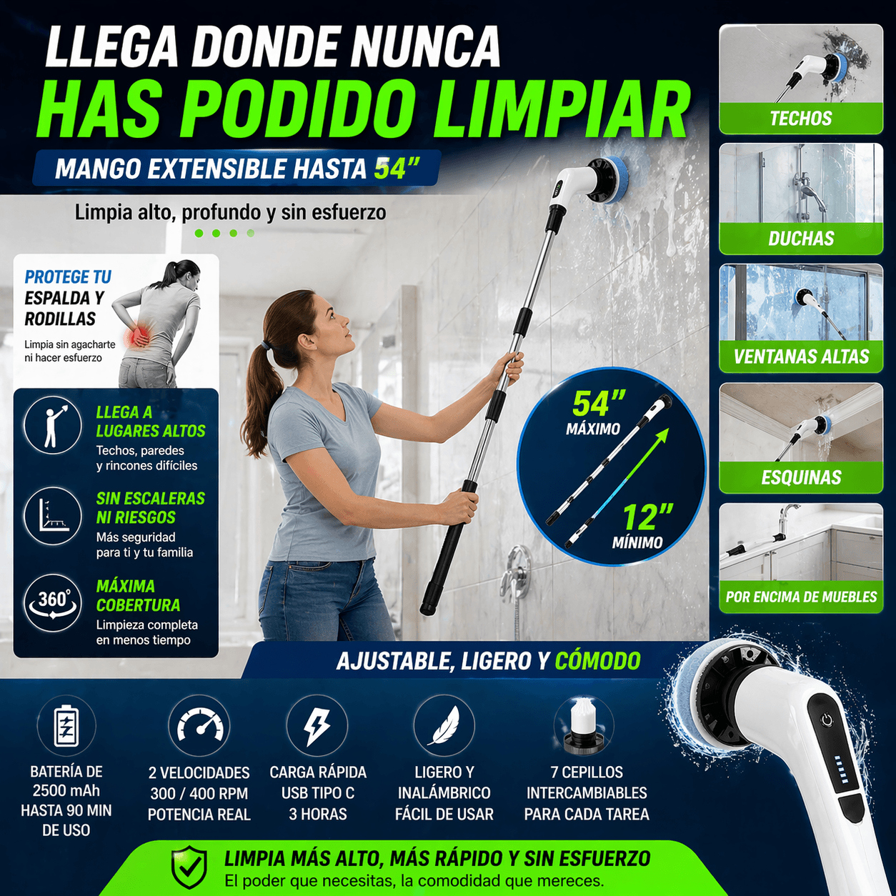 Cepillo de Limpieza Eléctrico Inalámbrico 7 en 1 – Potencia y Versatilidad para el Hogar