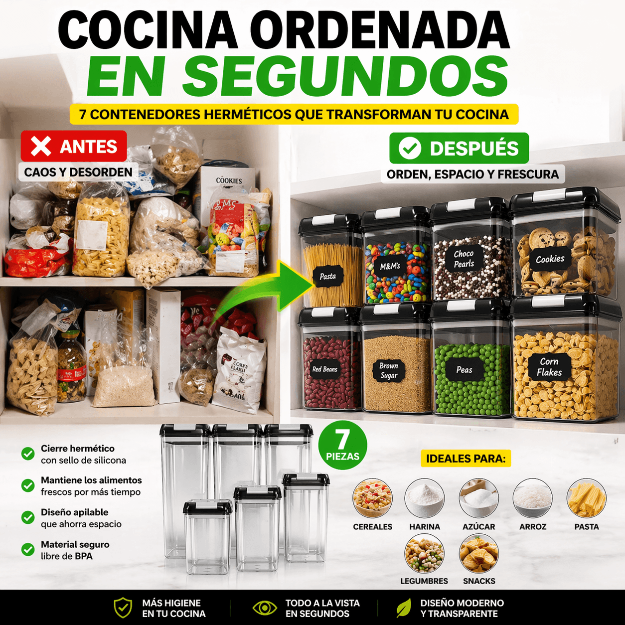 Set de 7 Contenedores Herméticos para Alimentos Secos – Organización y Frescura en tu Cocina