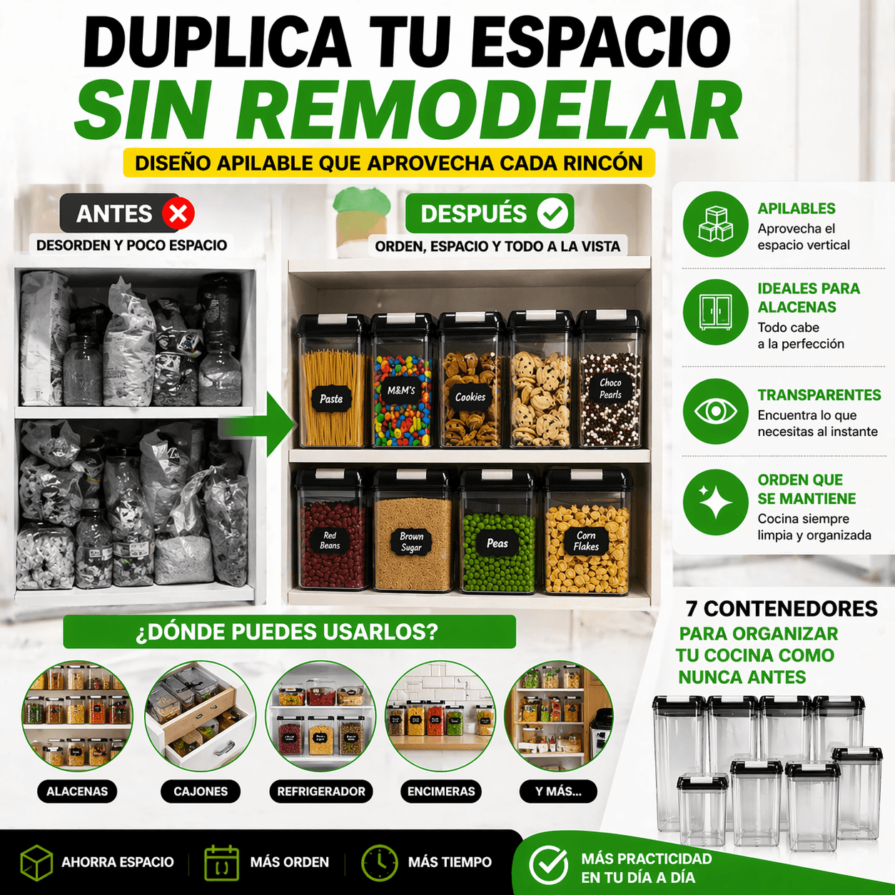 Set de 7 Contenedores Herméticos para Alimentos Secos – Organización y Frescura en tu Cocina