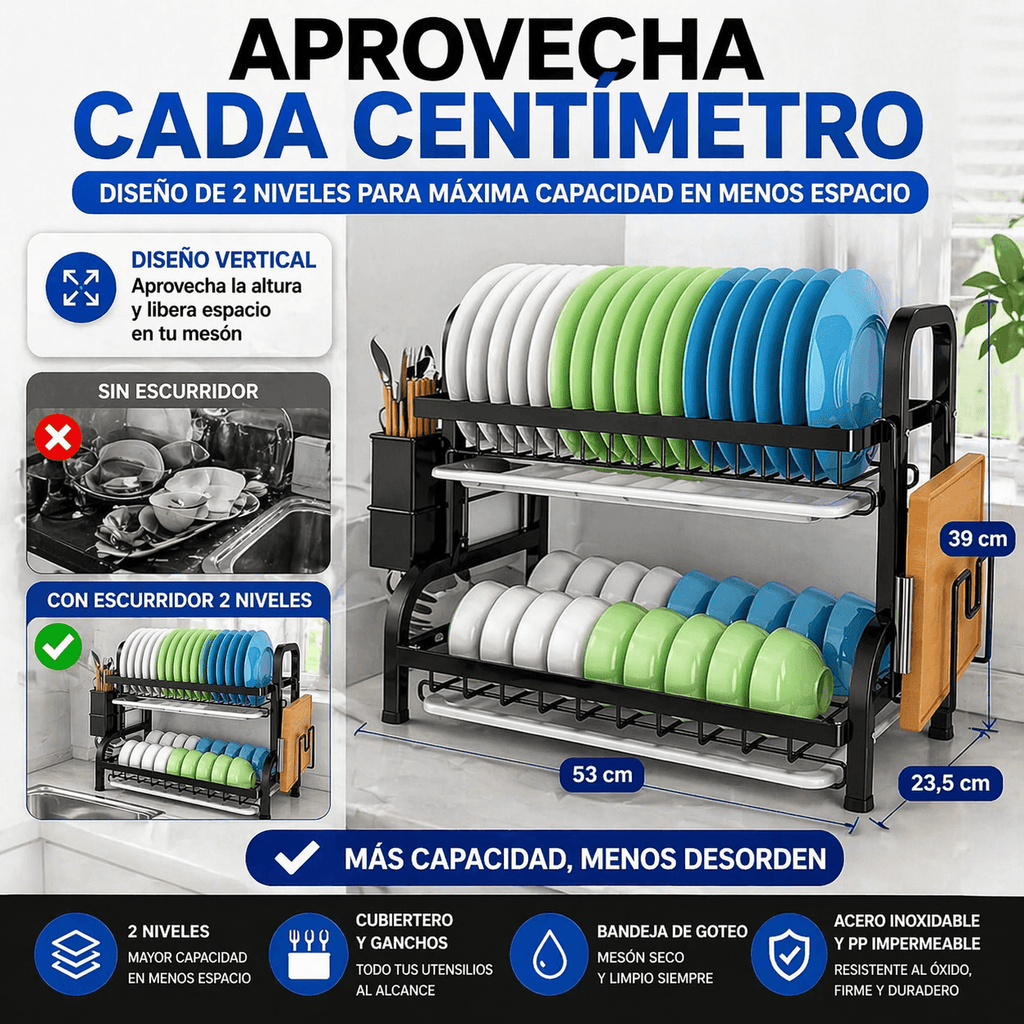 Escurridor de Platos de 2 Niveles de Acero Inoxidable con Cubiertero – Negro