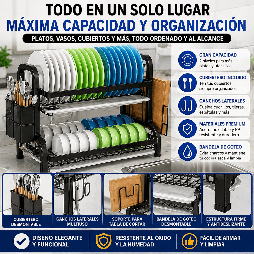 Escurridor de Platos de 2 Niveles de Acero Inoxidable con Cubiertero – Negro
