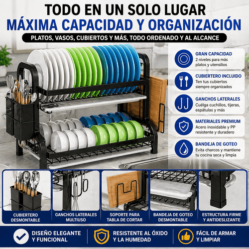 Escurridor de Platos de 2 Niveles de Acero Inoxidable con Cubiertero – Negro