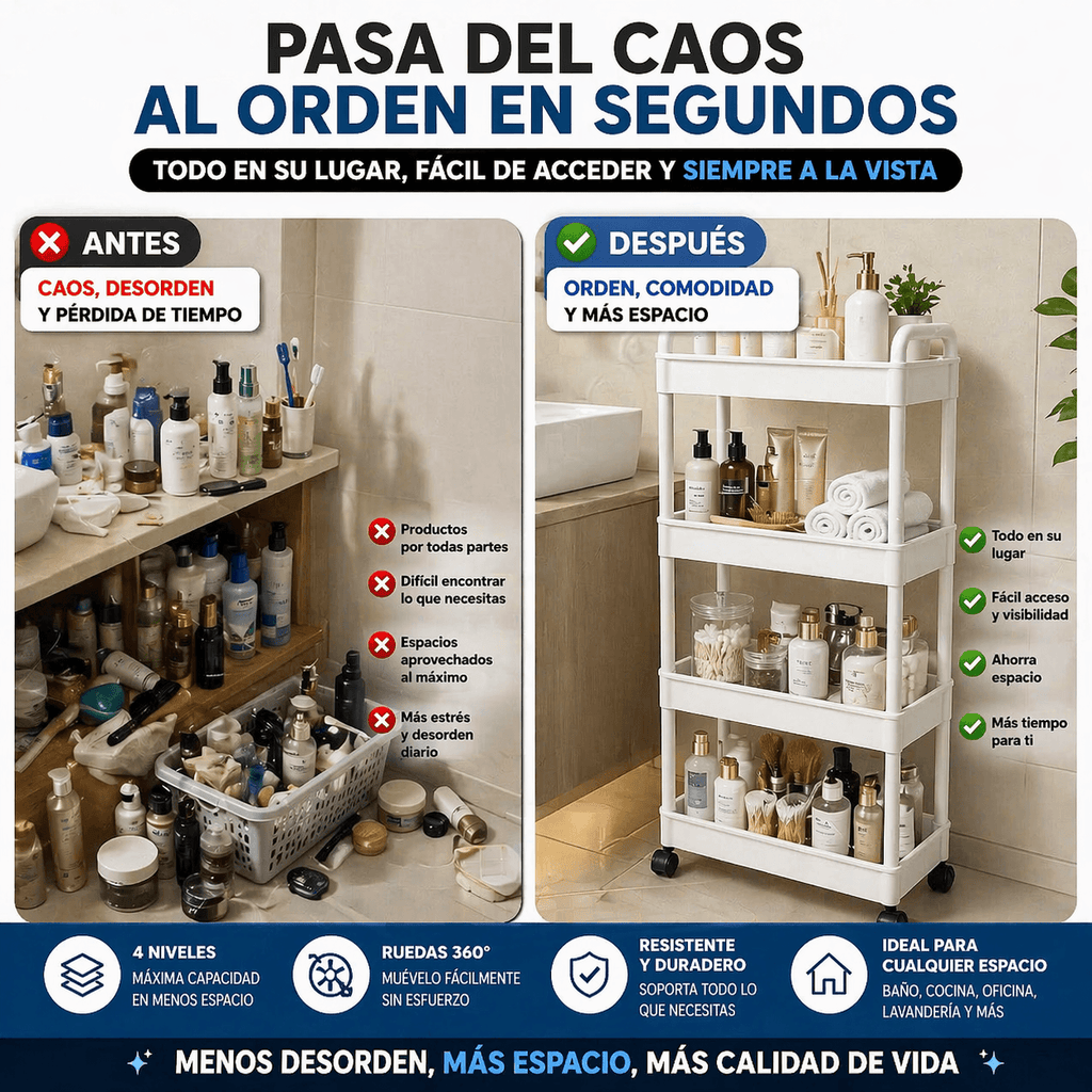 Organizador Multifuncional de 4 Niveles con Ruedas 360° para Baño y Cocina – Organiza+Pro 360