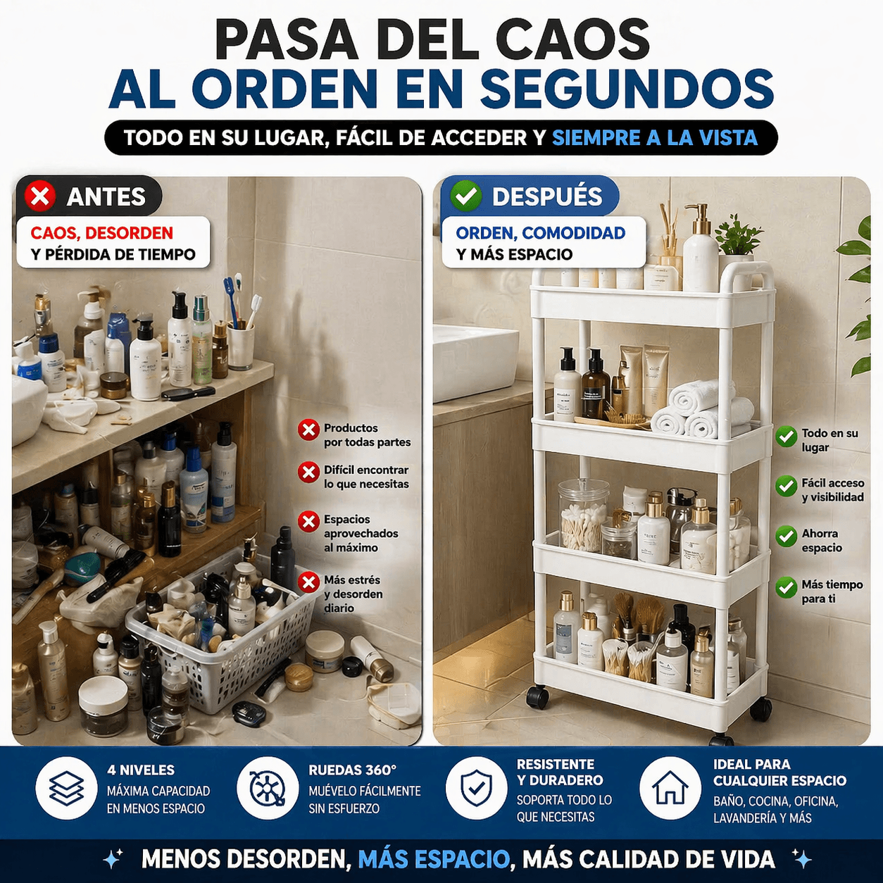 Organizador Multifuncional de 4 Niveles con Ruedas 360° para Baño y Cocina – Organiza+Pro 360