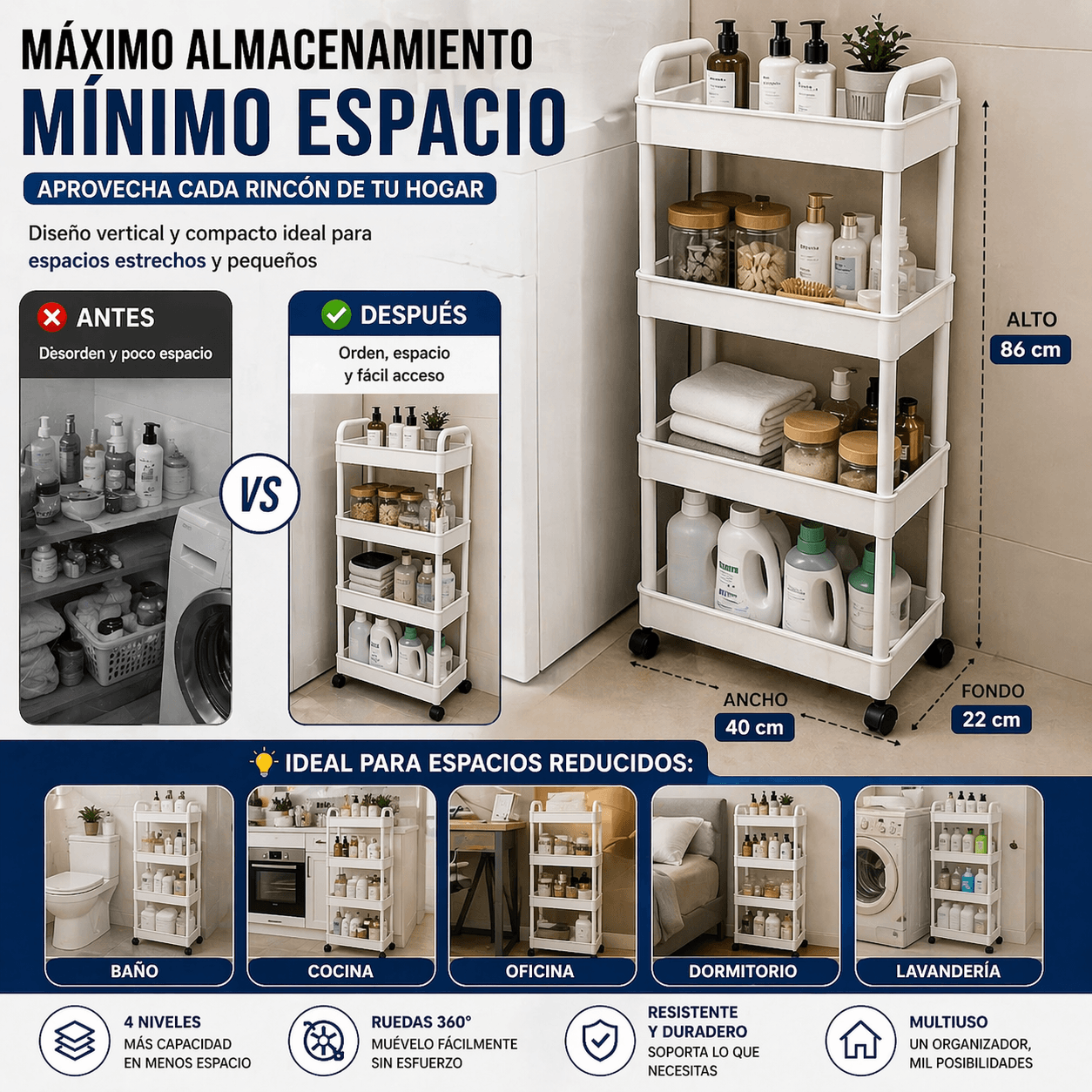 Organizador Multifuncional de 4 Niveles con Ruedas 360° para Baño y Cocina – Organiza+Pro 360