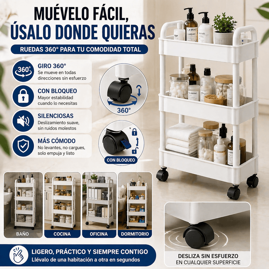 Organizador Multifuncional de 4 Niveles con Ruedas 360° para Baño y Cocina – Organiza+Pro 360