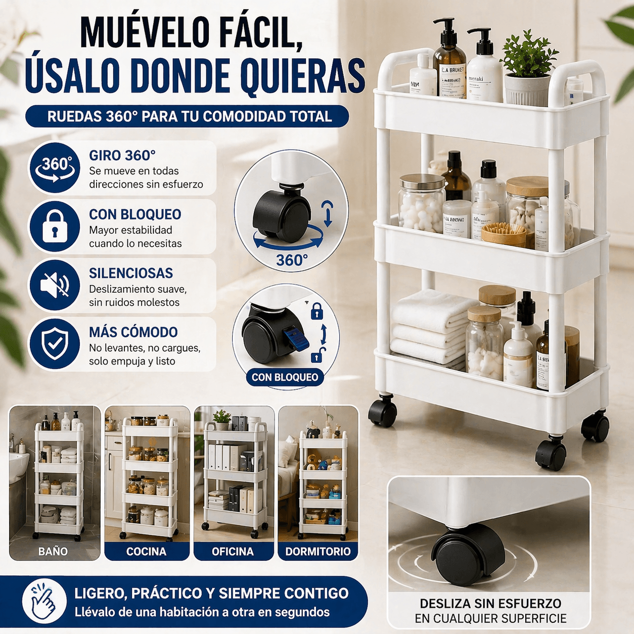 Organizador Multifuncional de 4 Niveles con Ruedas 360° para Baño y Cocina – Organiza+Pro 360