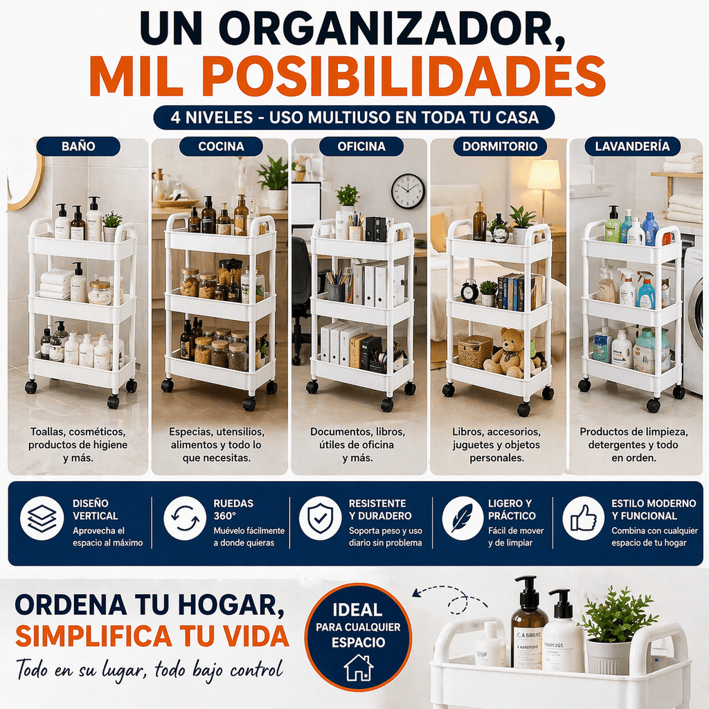 Organizador Multifuncional de 4 Niveles con Ruedas 360° para Baño y Cocina – Organiza+Pro 360