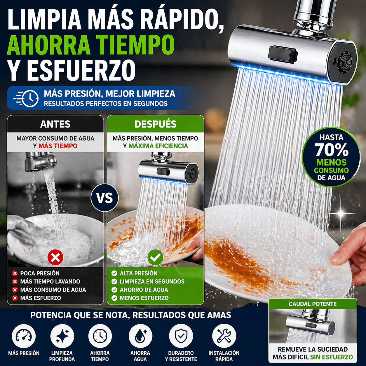 Grifo Aquaflex con 3 Modos de Presión de Agua – Ahorro y Control para tu Cocina