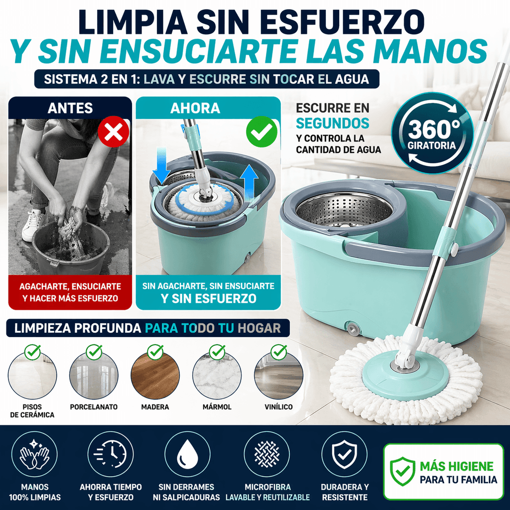 Mopa Giratoria 360° con Balde Reforzado y Sistema de Autolimpieza