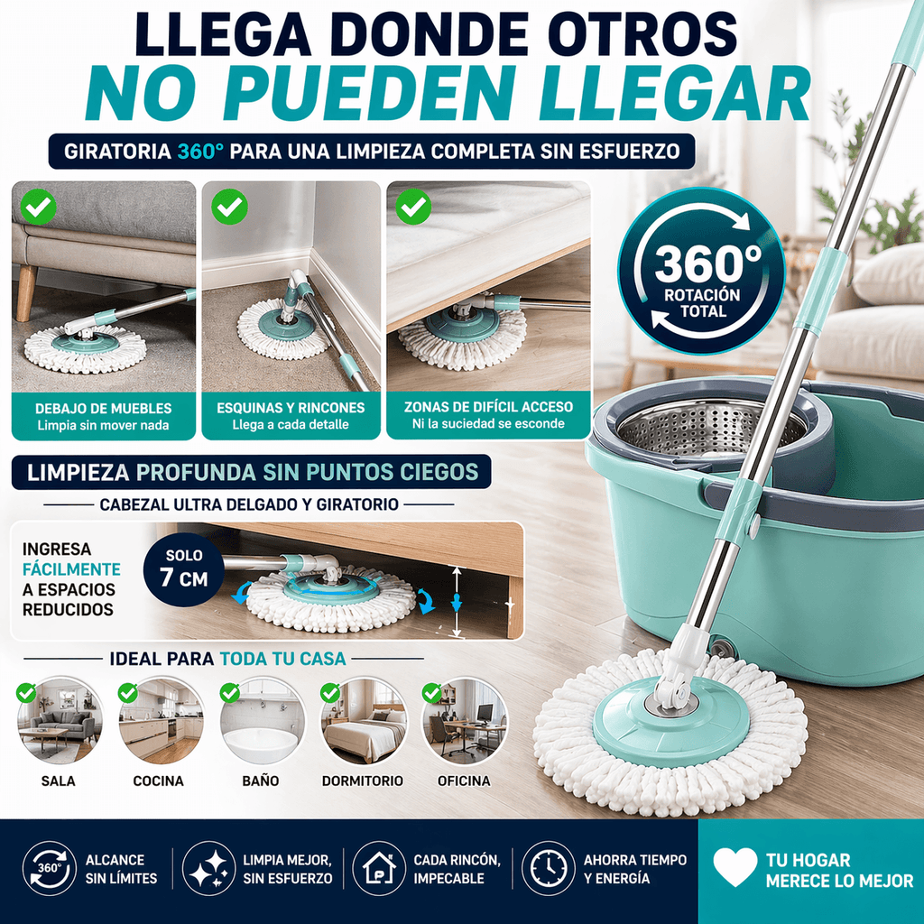 Mopa Giratoria 360° con Balde Reforzado y Sistema de Autolimpieza
