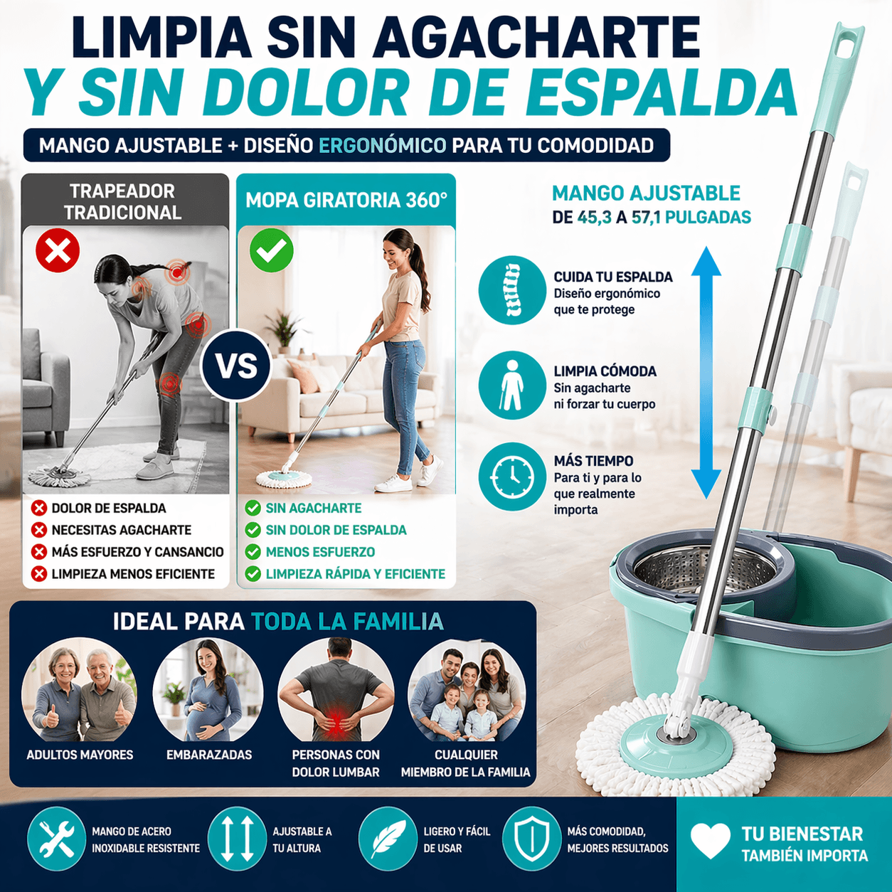 Mopa Giratoria 360° con Balde Reforzado y Sistema de Autolimpieza